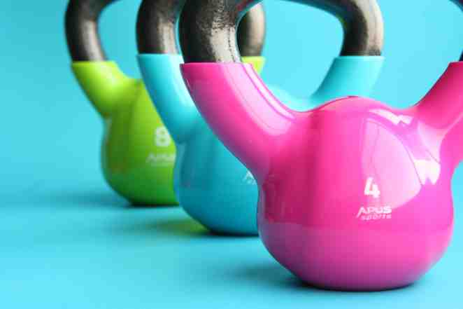 Green, Blue, and Pink Kettle Bells